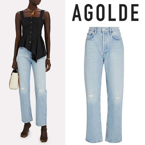 AGOLDE Fitted 90s Straight Leg Jeans 24 PINCH FLSHBK High Rise Distressed Rigid - Picture 2 of 16